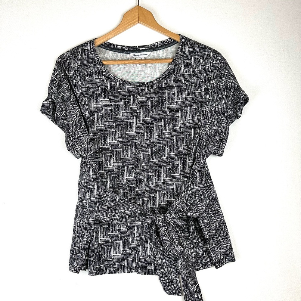 Tommy Bahama Geo Cotton Modal Wrap Waist Knit‎ Shirt Black White Office - Picture 2 of 9